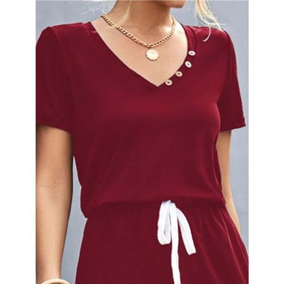 Casual V-Neck Short Sleeve Drawstring Waist Jumpsuit - Picture 6 of 7